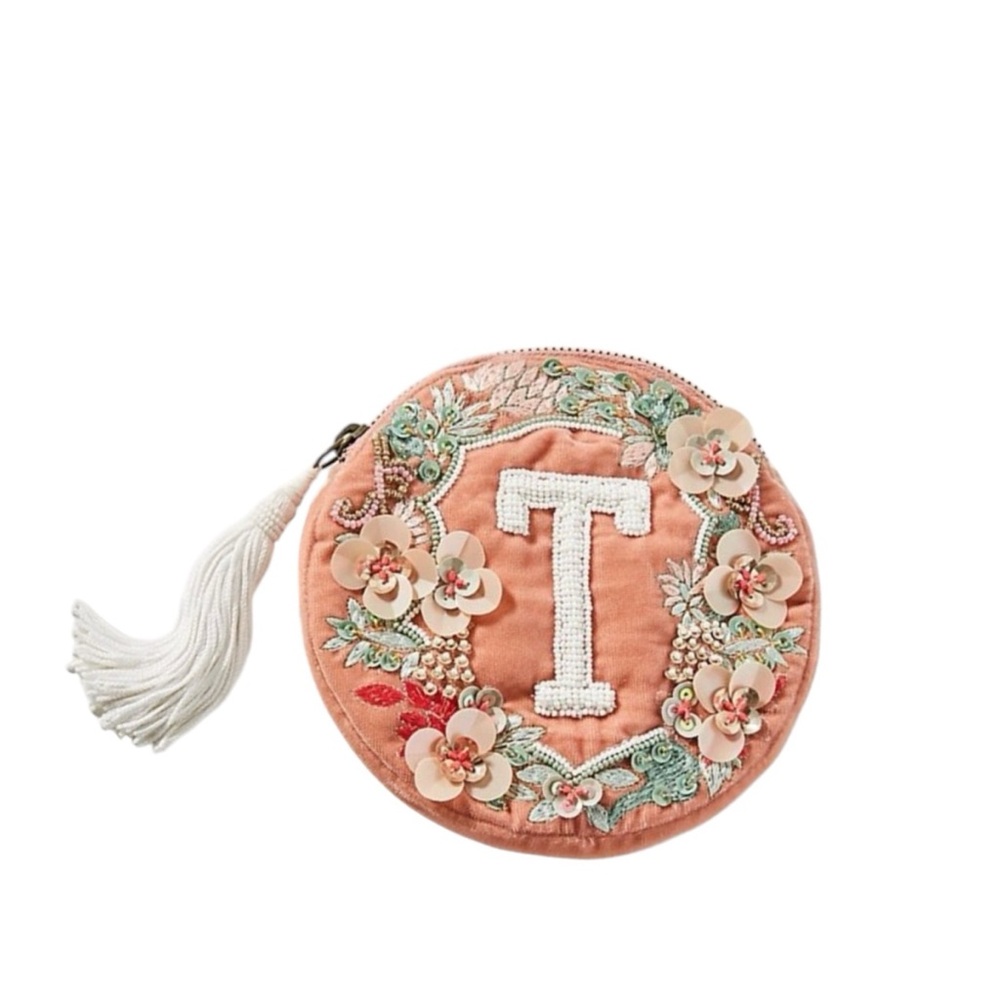 NEW Anthropologie Monogram T Crest Velvet‎ Beaded Zip Pouch Small Bag